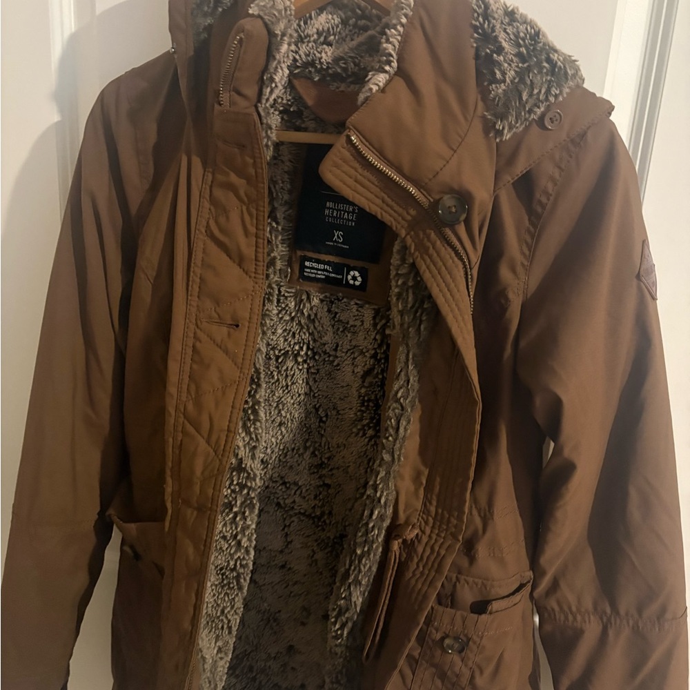 Hollister Tan Brown Hooded Coat with Leather Logo Patch
